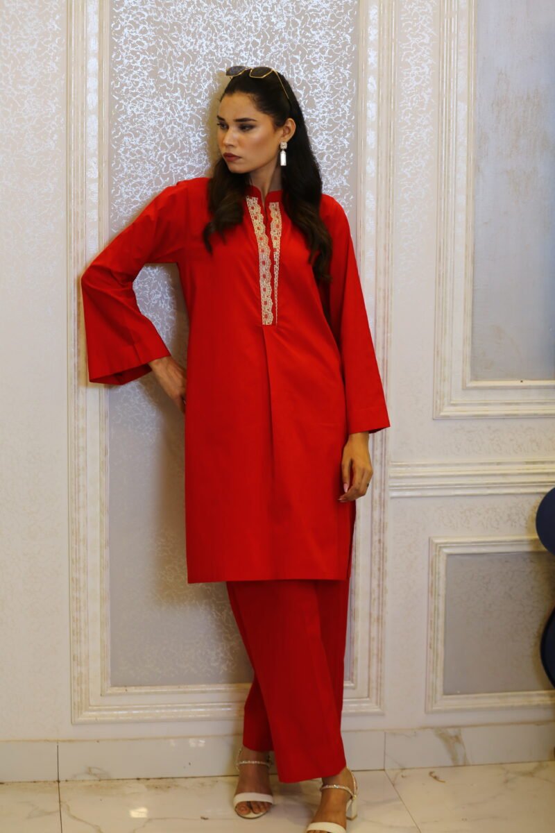 Crimson Set – 2-Piece Red Coord Set with Lace Neck & Box Pleats