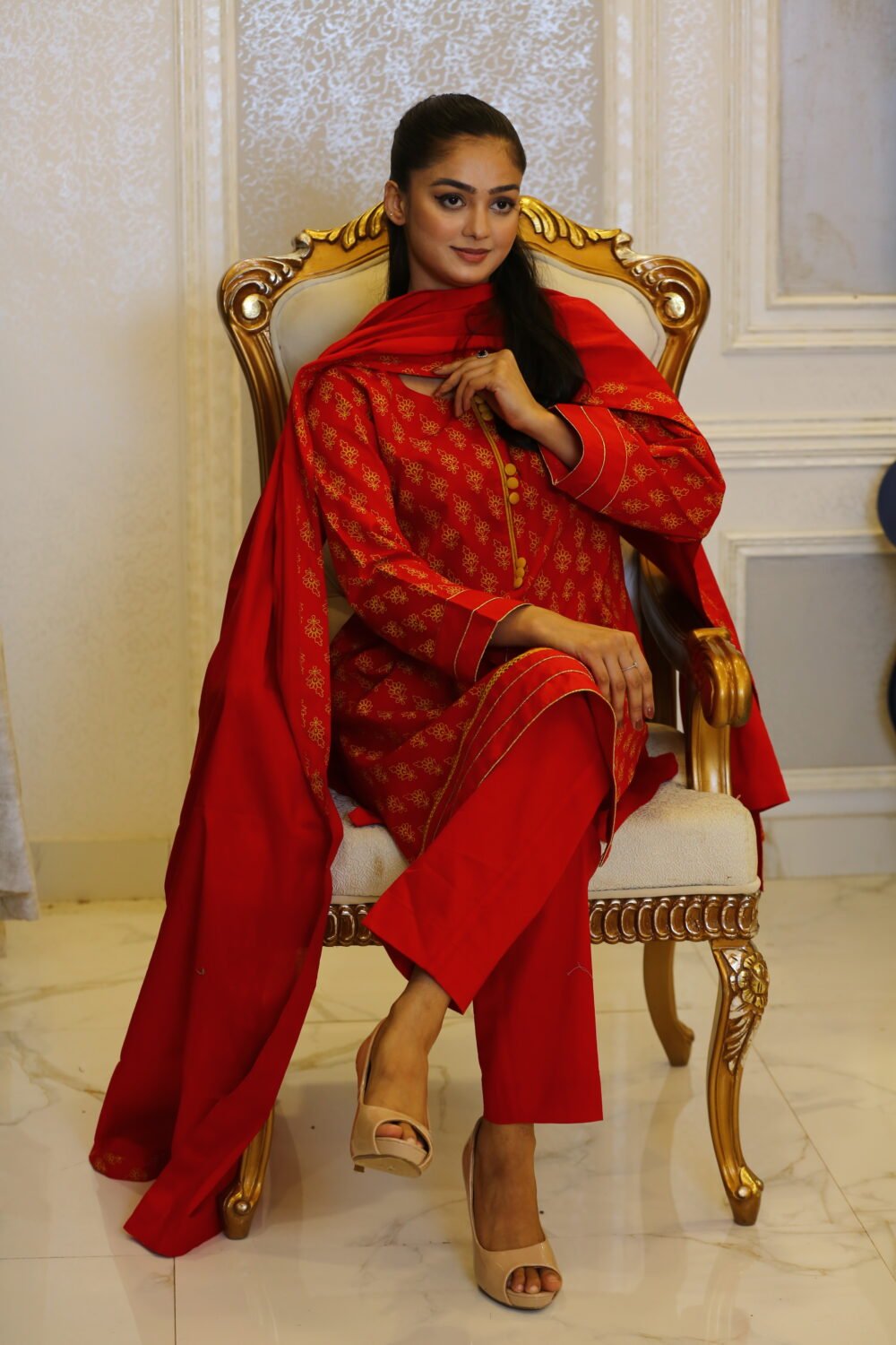 Festive Red – 3-Piece Formal Set with Lawn Shirt, Dupatta & Yarn-Dyed Trouser - Image 10