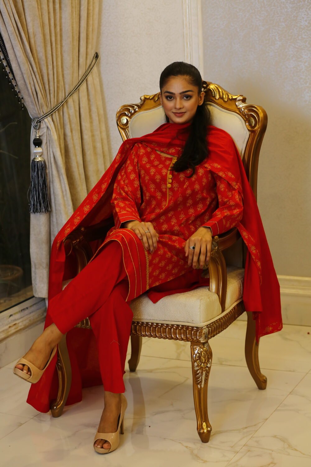 Festive Red – 3-Piece Formal Set with Lawn Shirt, Dupatta & Yarn-Dyed Trouser - Image 11