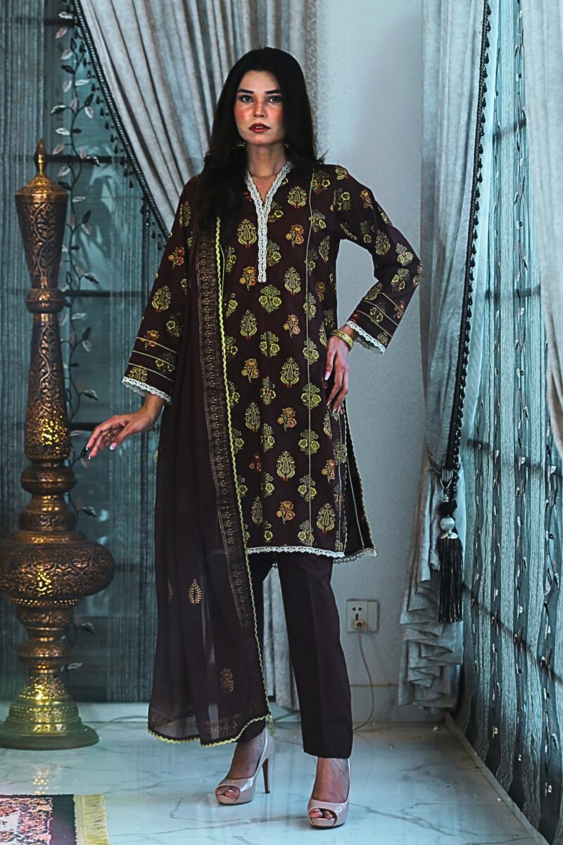 Brown Gold – 3-Piece Lawn Eid Suit with Glitter Block Print