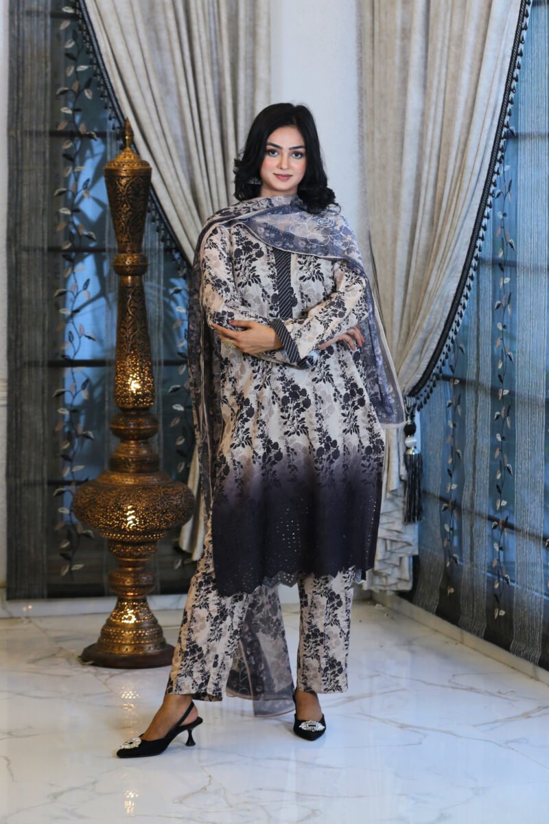 Soft Shade – 3-Piece Gradient Lawn Suit with Laser Cut Detail