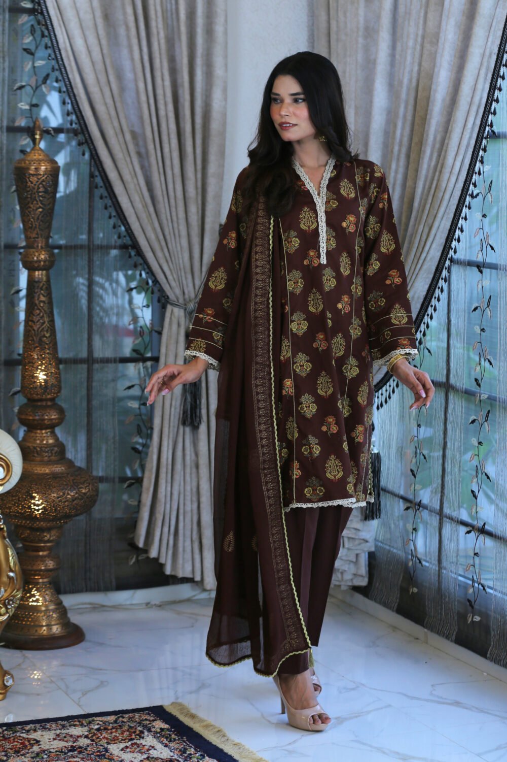 Brown Gold – 3-Piece Lawn Eid Suit with Glitter Block Print - Image 3