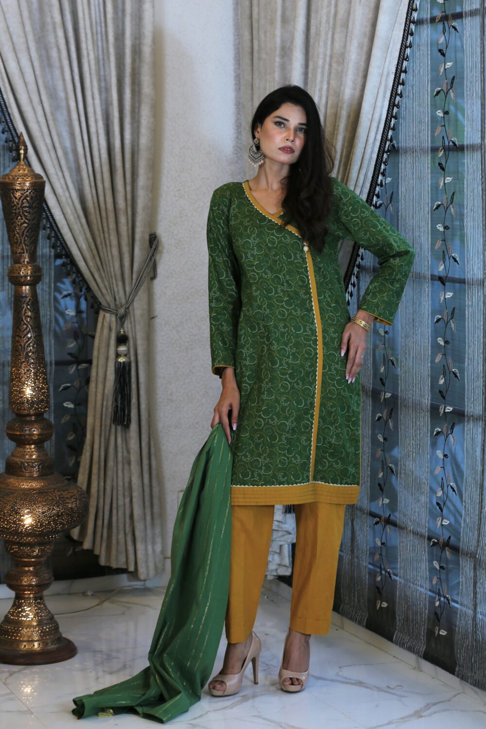 Classic Angrakha – 3-Piece Green & Mustard Angrakha Style Suit - Image 4