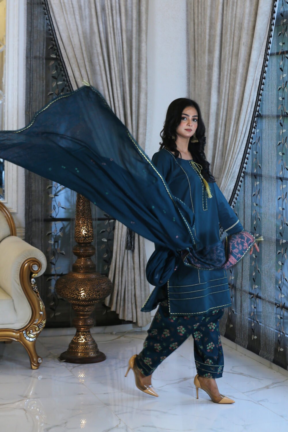 Blue Blossom – 3-Piece Eid Lawn Suit with Block Print - Image 5